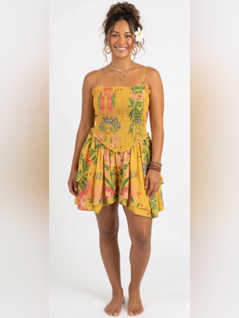 Boho Tropical Island Mini Sundress Smocked Asymmetrical Hem Floral Medium New